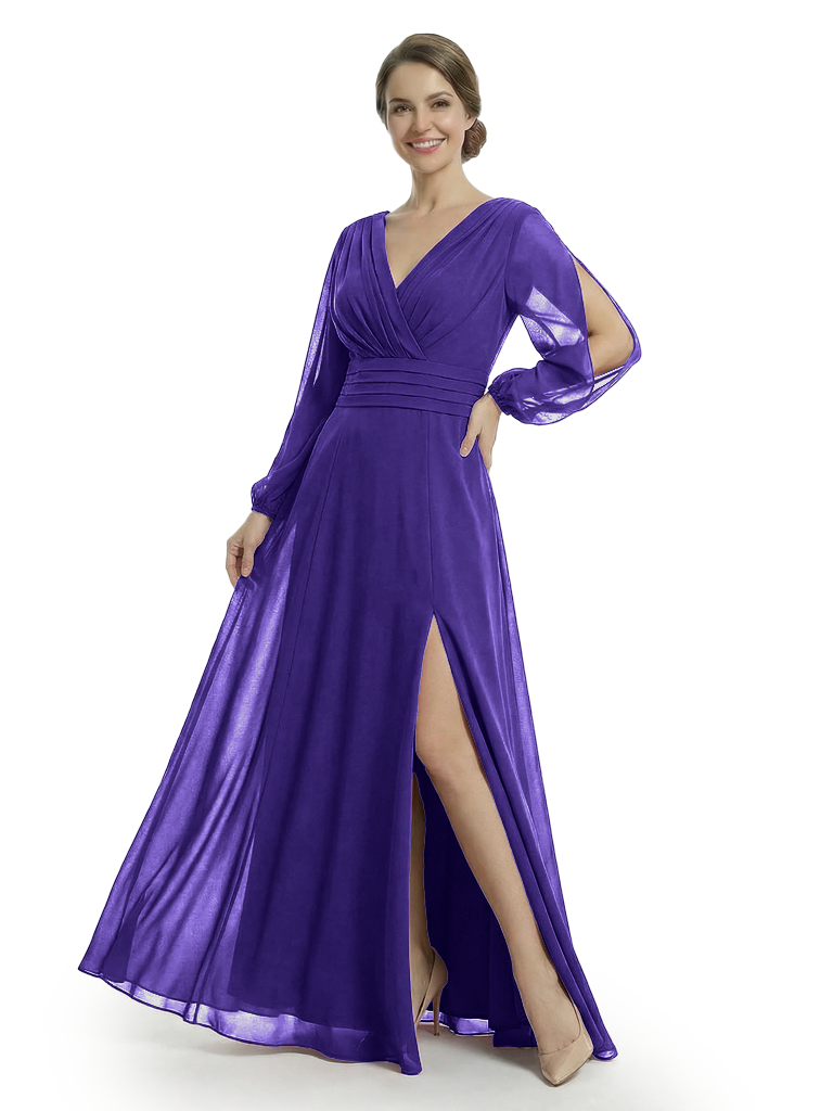 Chicsew Modern V-Neck Split Long Sleeves Mother Of The Groom Gown Chiffon Maxi Dress