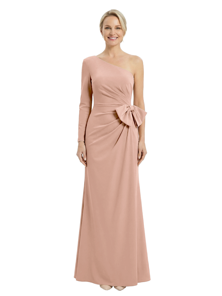 Chicsew Elegant Mother of The Groom Dress One Shoulder Long Sleeve Bow Accent Fitted Floor Length Satin Fabric Draped Detail Unique