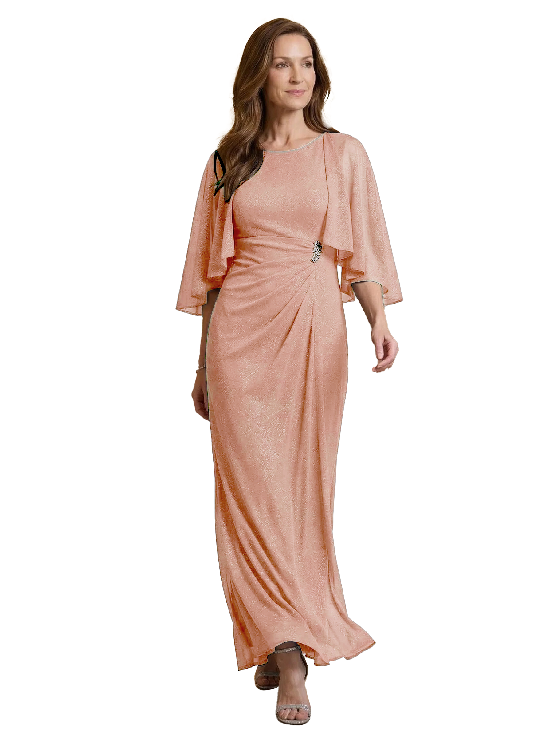 Chicsew Classy Jewel A-Line Cape Sleeves Glitter Jersey Mother Of The Groom Dress Evening Gown