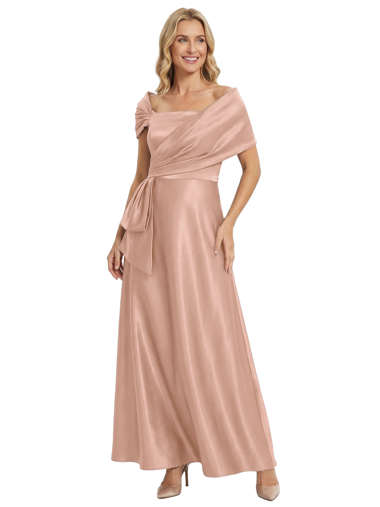 Chicsew Mother of The Bride Dresses Cape Sleeve Satin Maxi Gown Classy Bow Detailed Formal Wedding Event Dress