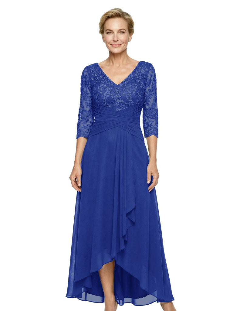 Beautiful Lace V-Neck High-Low Mother Of The Bride Dress With Sleeves