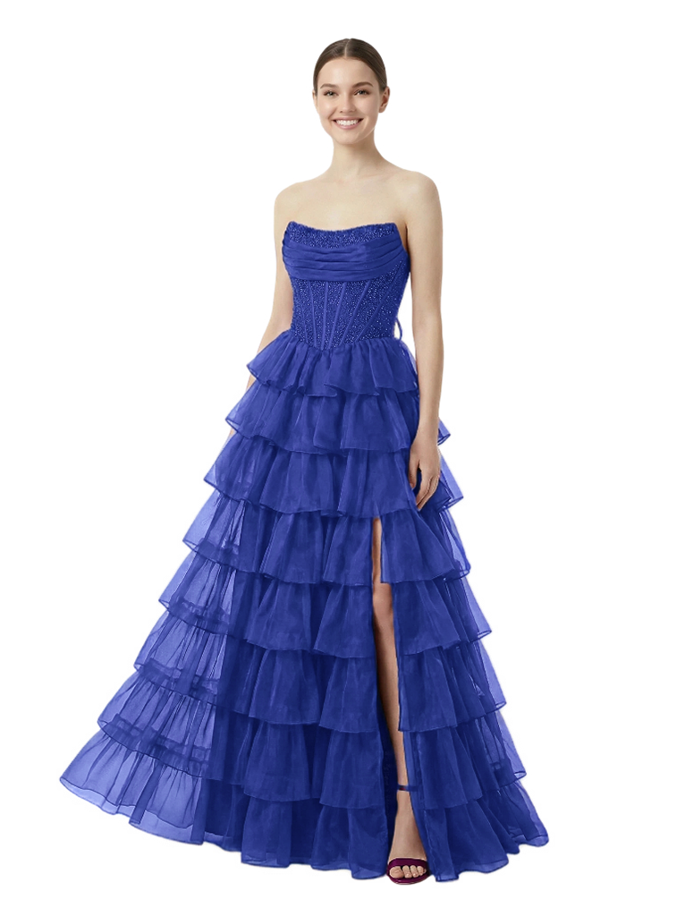 Sexy Strapless Sweetheart Ruched Corset Side Slit A-Line Tulle Maxi Prom Dress