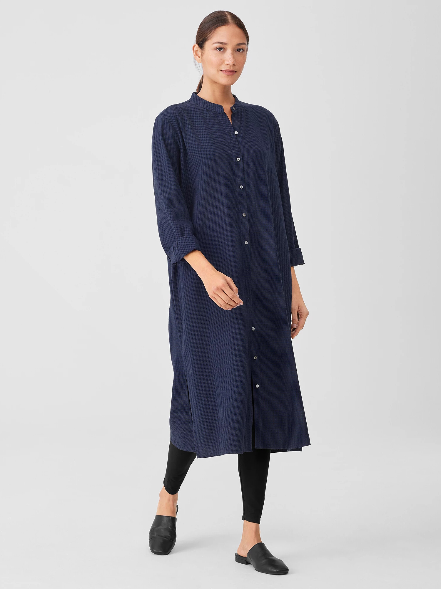 Mini Check Crepe Mandarin Collar Dress