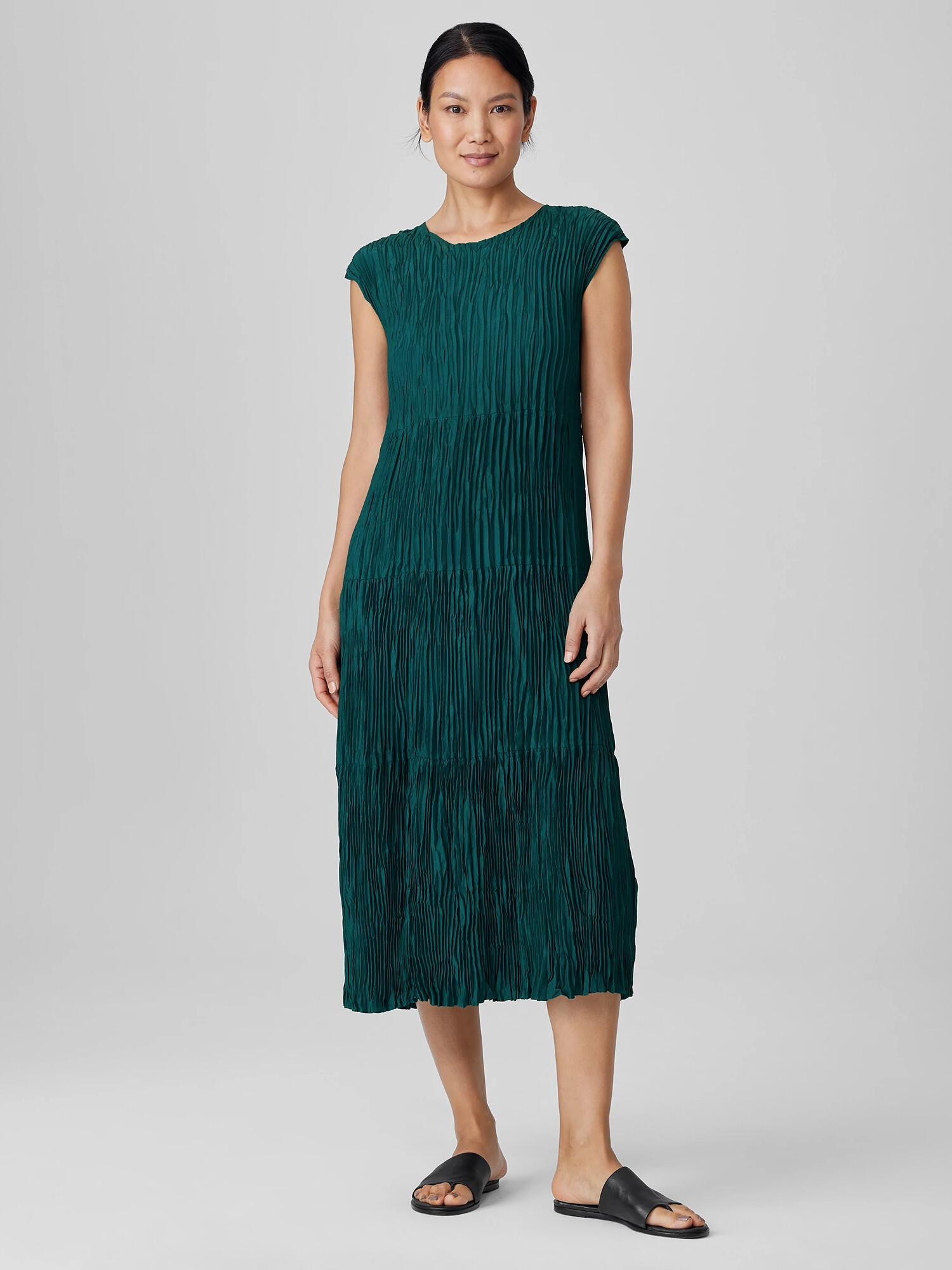 Crushed Silk Jewel Neck Tiered Dress