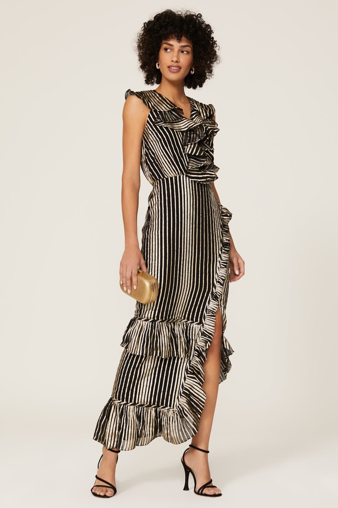 Saloni Anita Stripe Ruffle Dress Black-gold-print