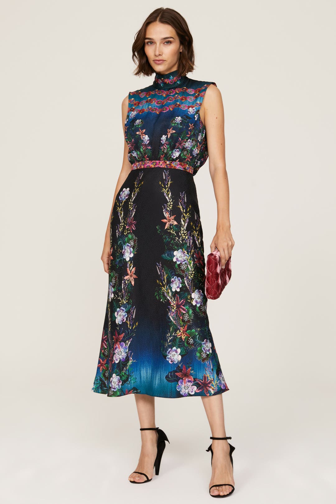 Saloni Sky Flourish Fleur Midi Dress Black-multicolored-print