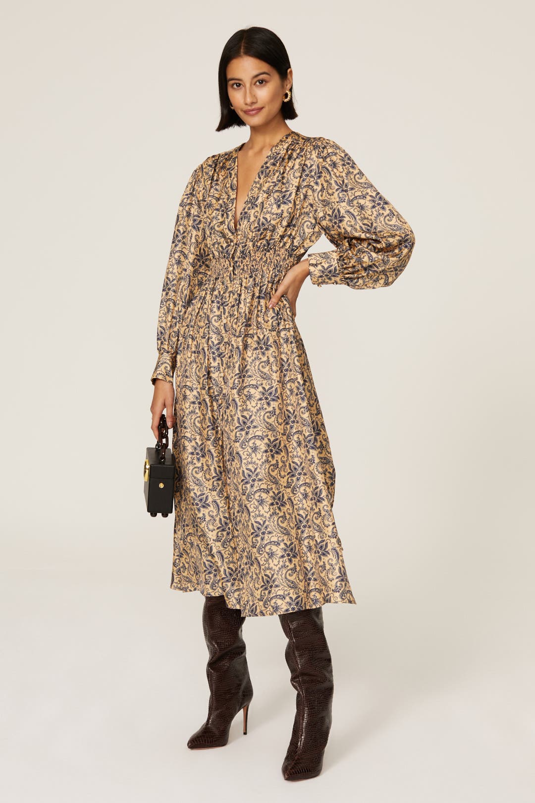 Sandro Yellow Floral V-Neck Midi Dress Yellow-multicolored-print