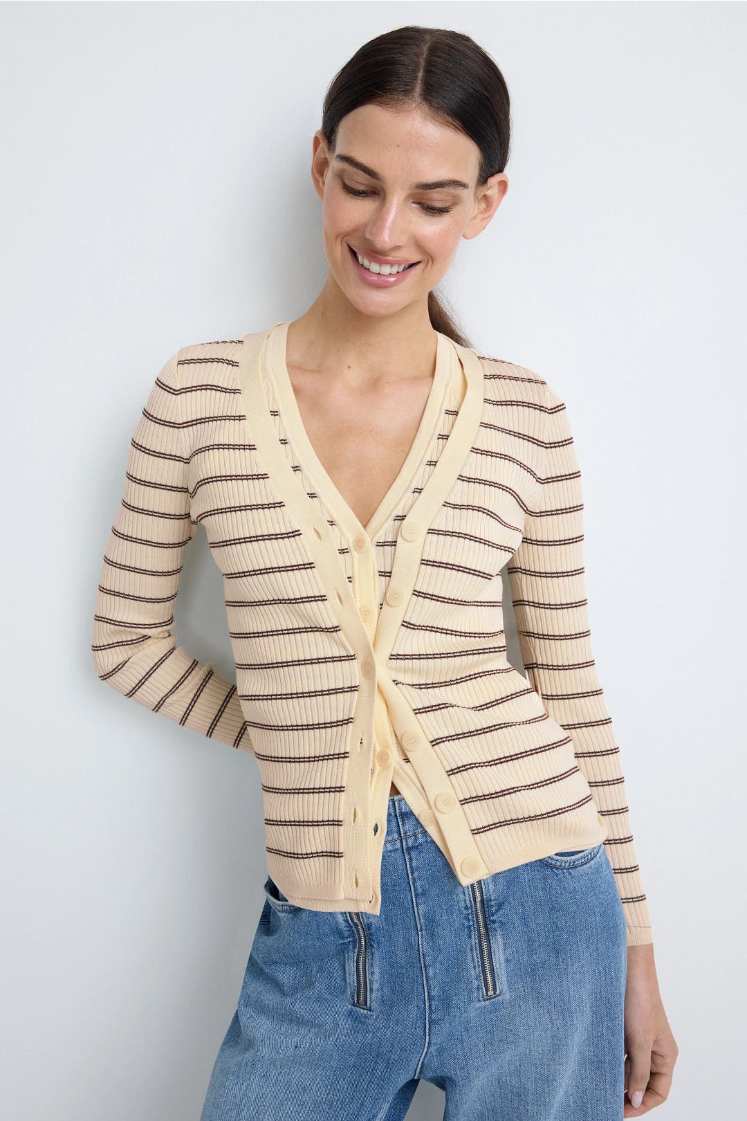 Sandro Gabri Striped Button Up Cardigan Cream-black-print