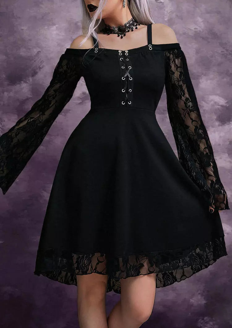 Lace Splicing Criss-Cross Cold Shoulder Mini Dress - Black M