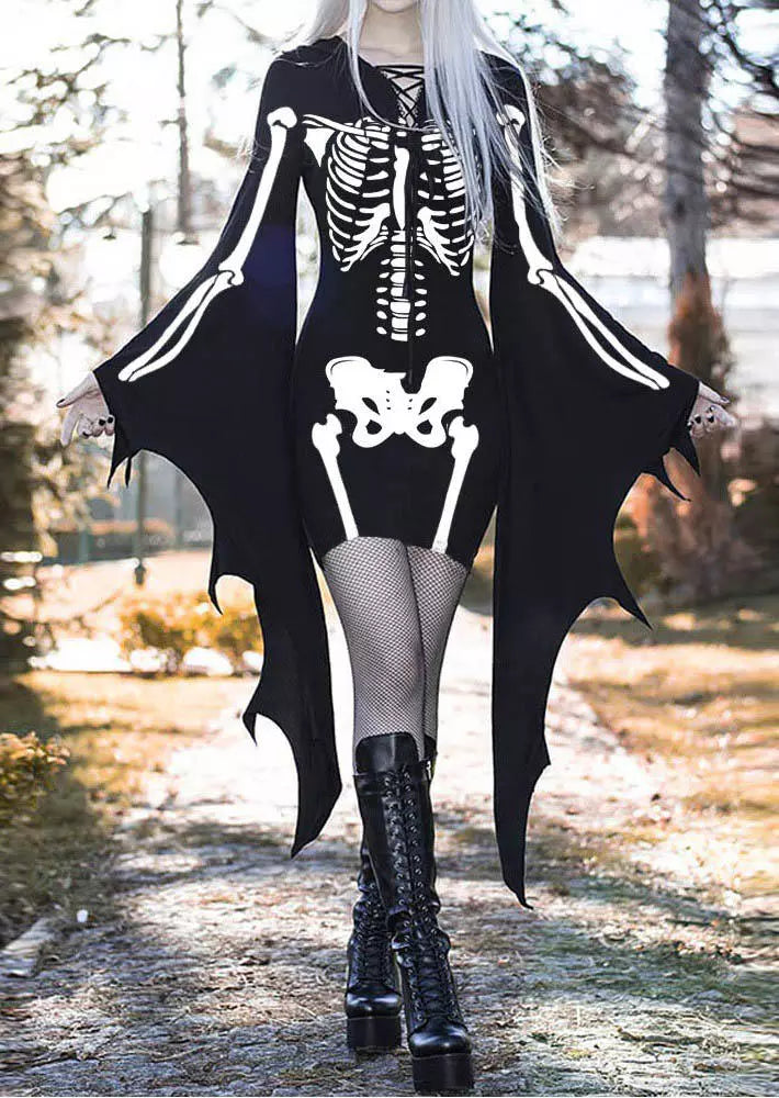 Skeleton Batwing Sleeve Bodycon Dress - Black S