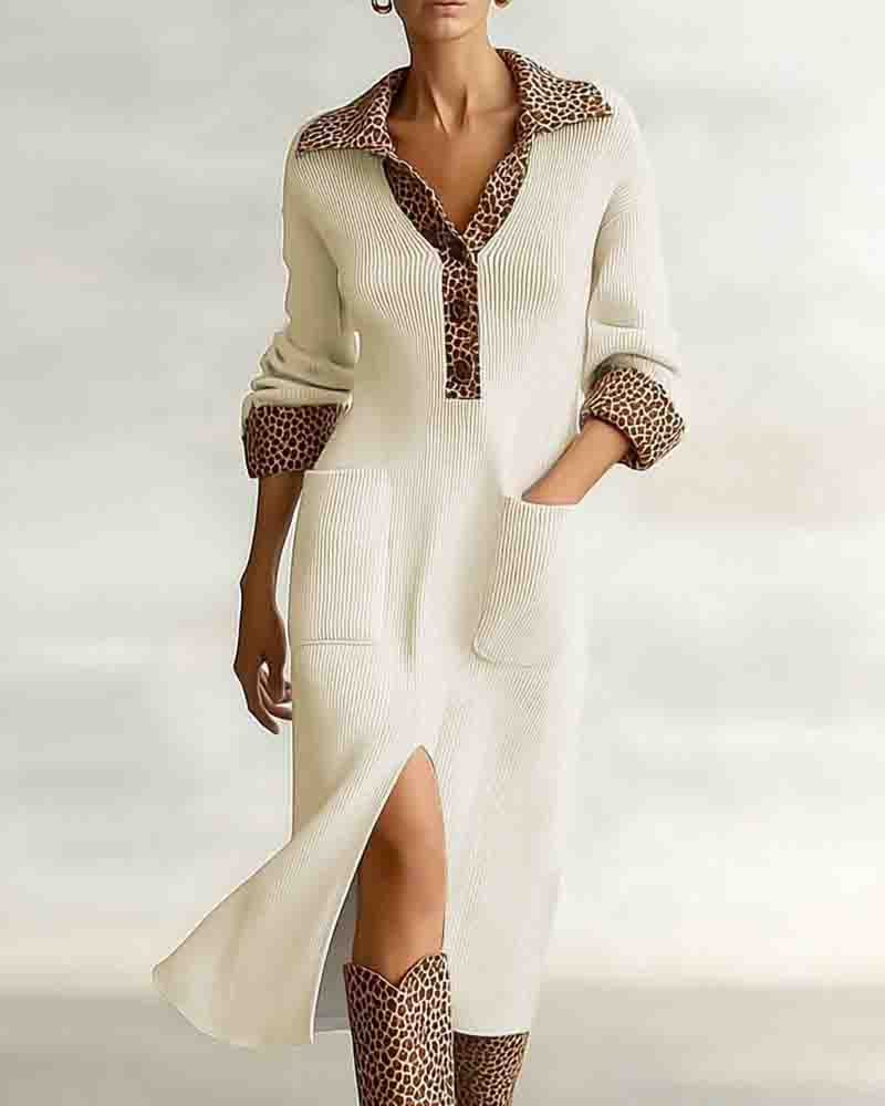 Leopard Patchwork Ribbed Knit Midi Dress