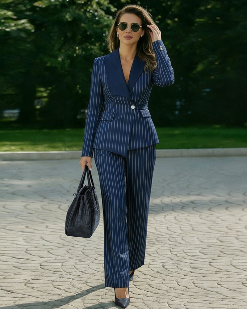 Zeagoo Business Pinstripe Blazer Pants Suit Set
