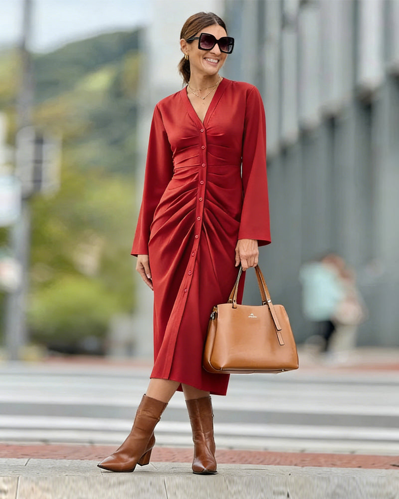 Zeagoo Women's Casual Ruched Front Midi Shirt Dress
