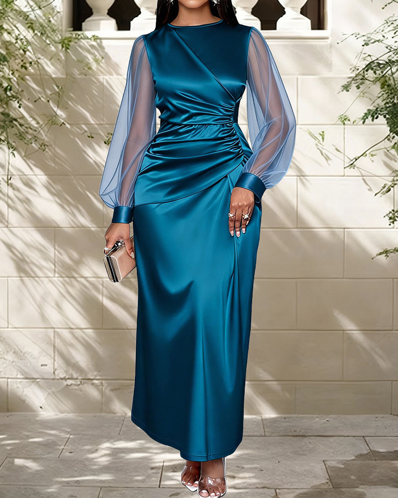 Zeagoo Women's Classic Satin Mesh Sleeve Ruched Maxi Wrap Dress
