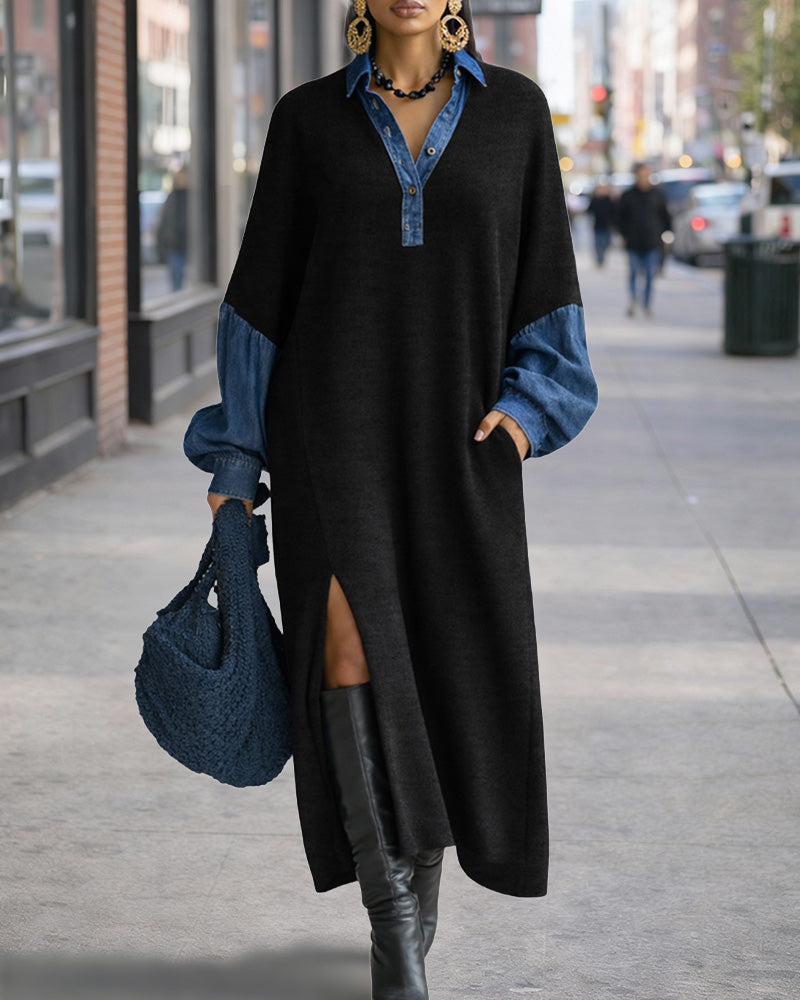 Stylish Relaxed Fit Denim Patchwork Maxi Dress