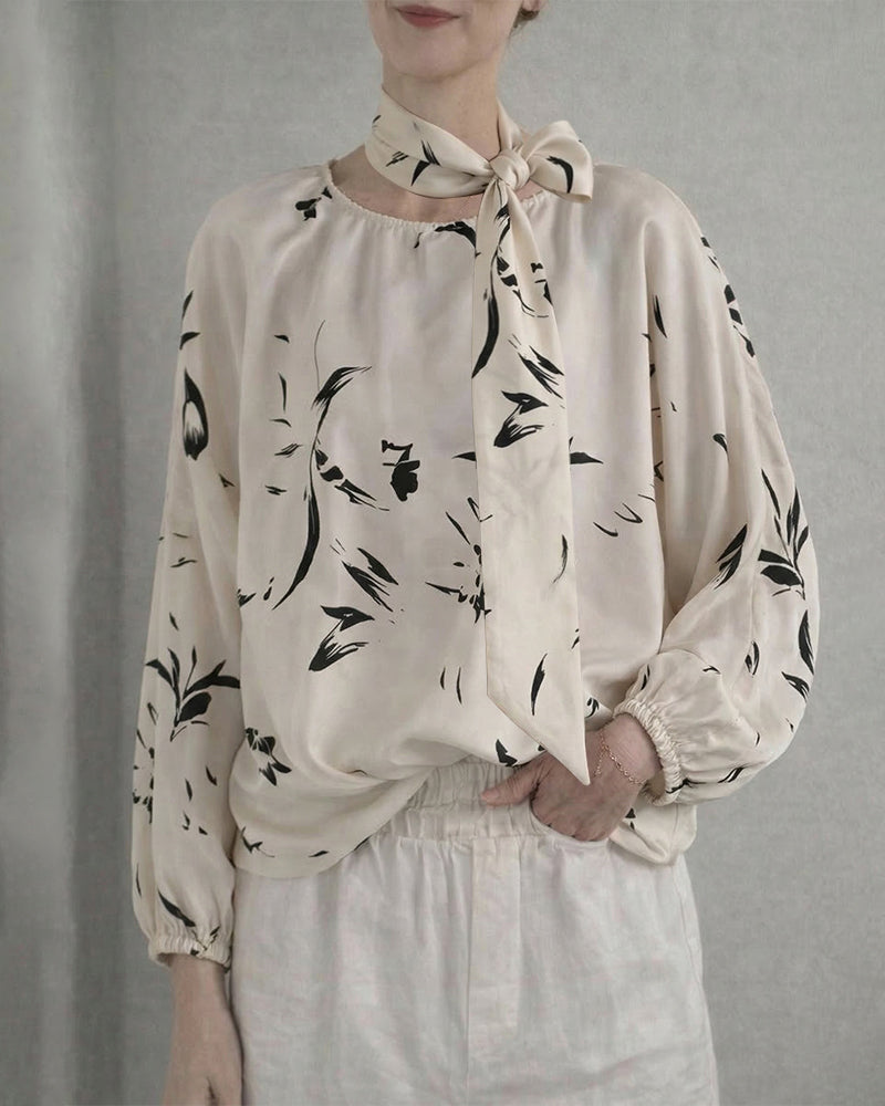 Zeagoo Elegant Spring Print Lantern Sleeve Blouse with Scarf for Women Casual Work Office Loose Fit | Under $