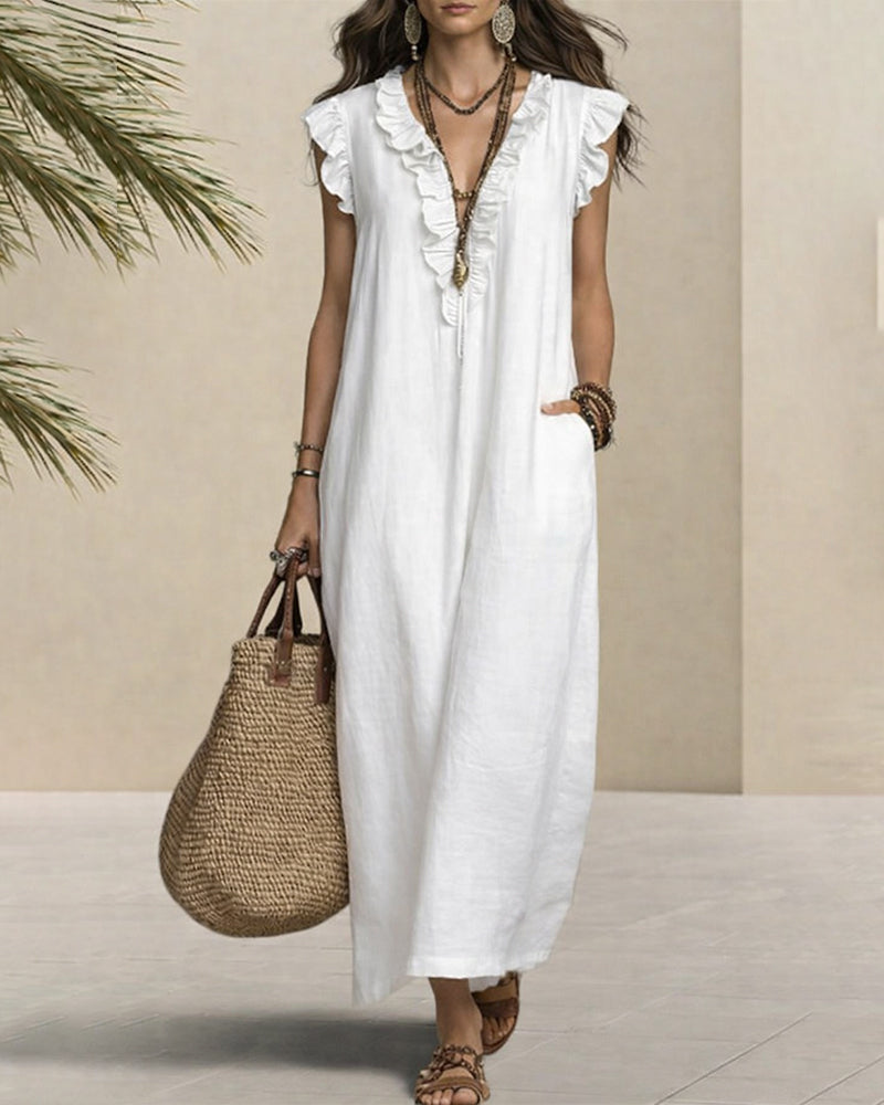 Zeagoo Casual Linen Blend Ruffle Details Sleeveless Maxi Dress for Women Casual Beach Vacation Summer