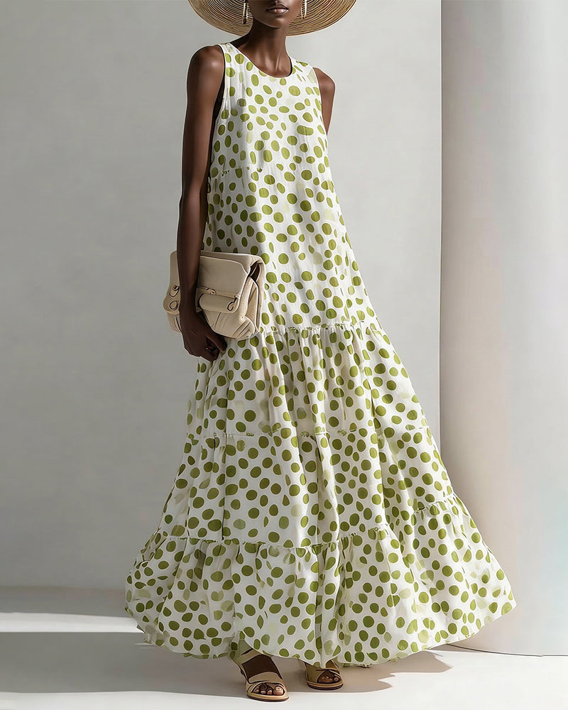 Summer Linen Blend Polka Dot Sleeveless Maxi Dress