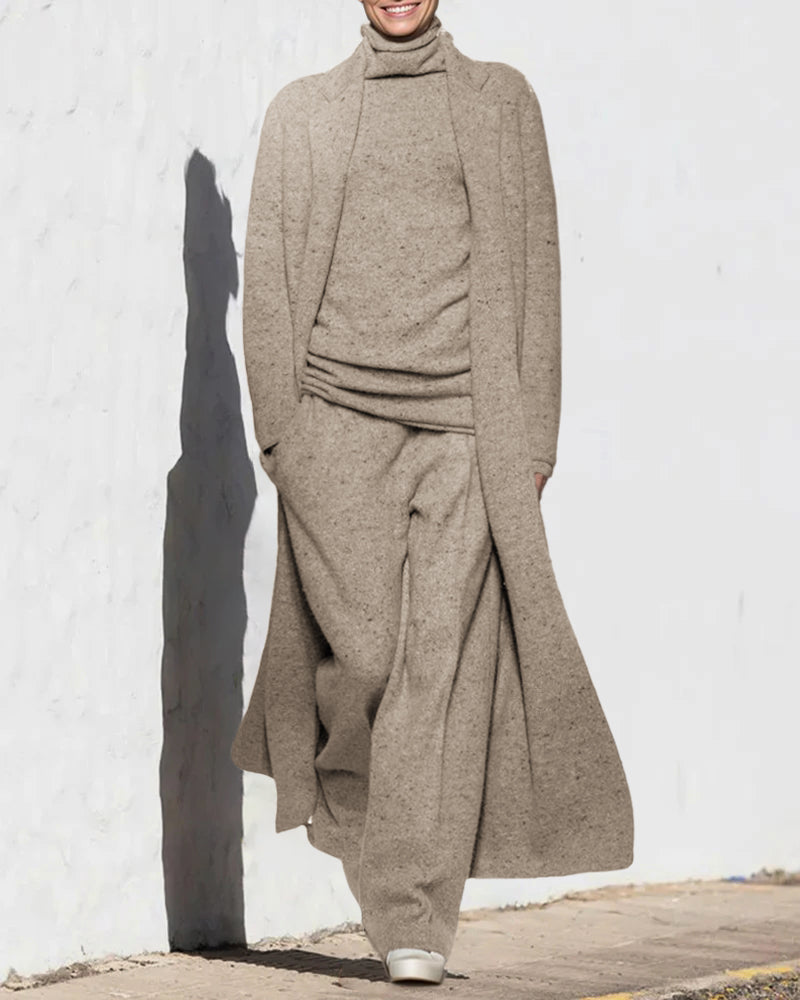 Knitted Three Piece Set Cardigan Turtleneck Sweater and Wide Leg Pants - Khaki L-