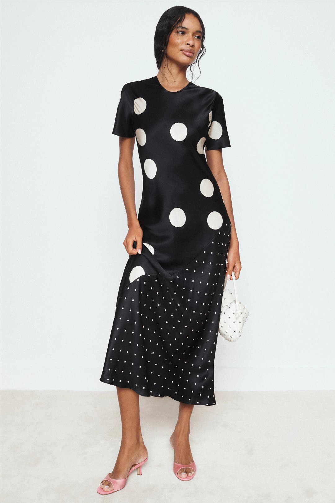 Silk Laundry Polka Dot Short Sleeve Midi Dress Black-white-print