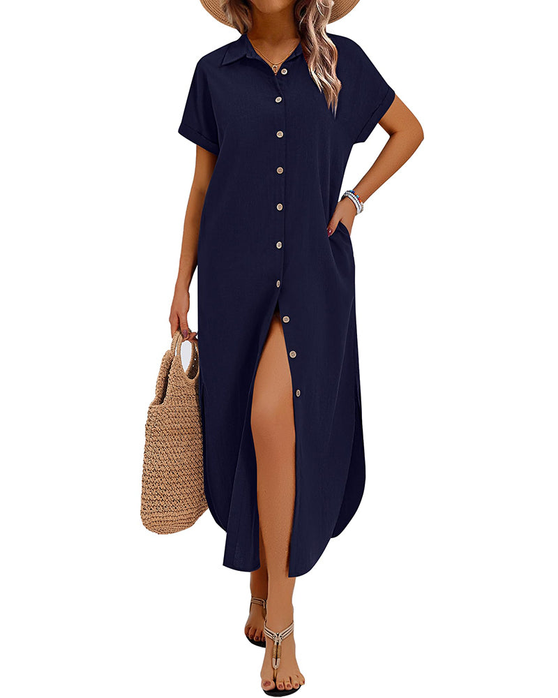 Summer Casual Button Down Long Shirt Dress with Pockets