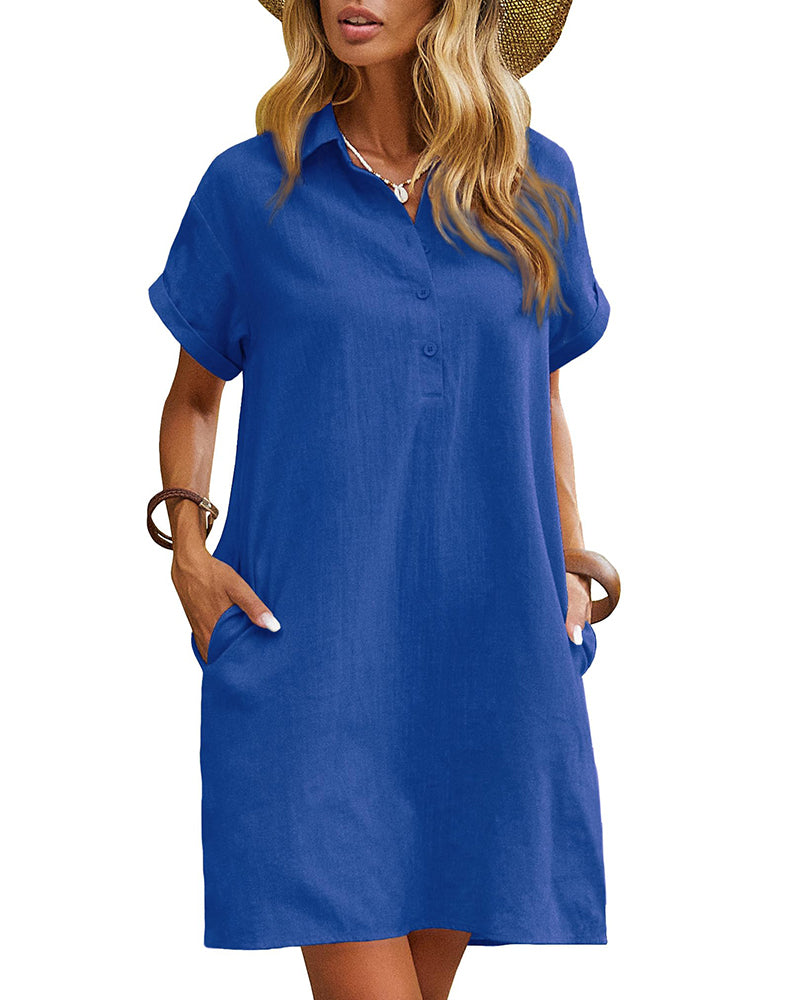 Summer Casual % Cotton Shirt Dress with Pockets