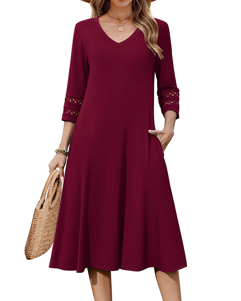 Casual V-Neck A Line Flowy Eyelet Midi Dress