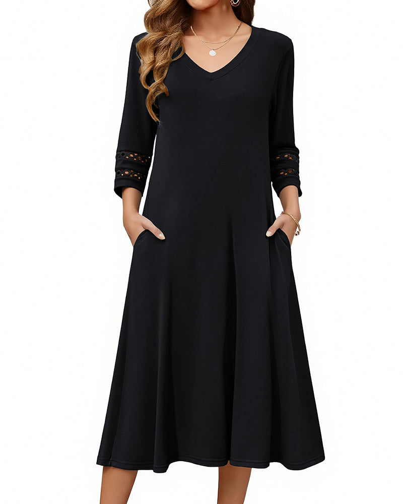Casual V-Neck A Line Flowy Eyelet Midi Dress