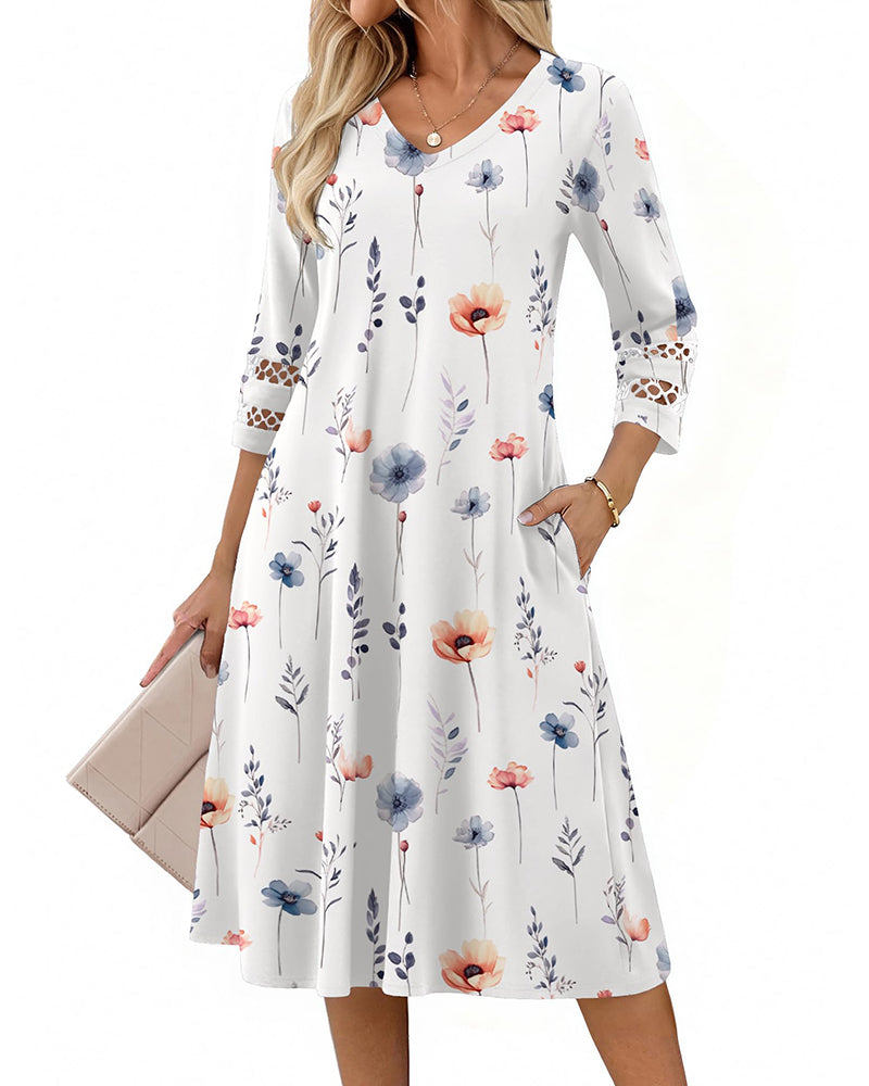 Casual V-Neck A Line Flowy Eyelet Midi Dress