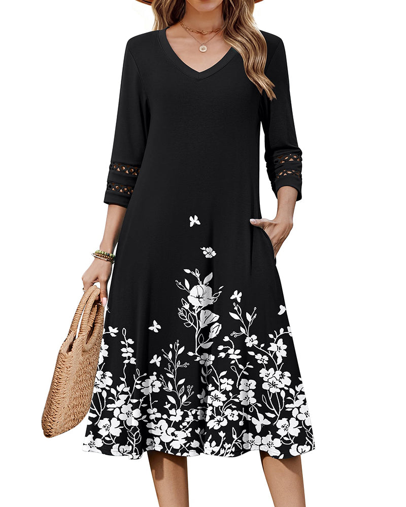 Casual V-Neck A Line Flowy Eyelet Midi Dress