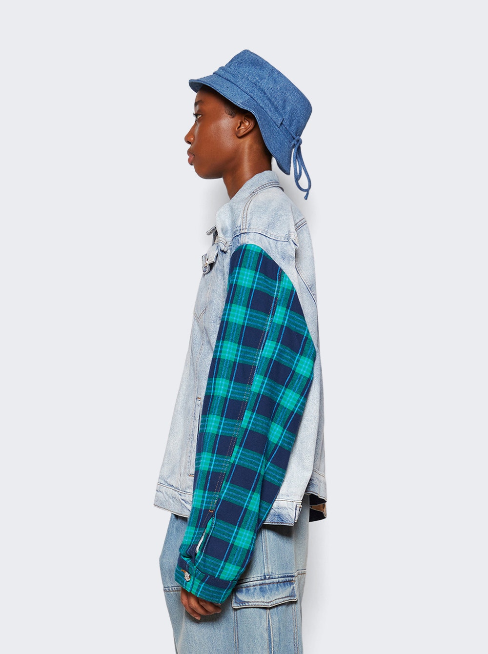 Box Denim Jacket Light Wash Blue-green Check