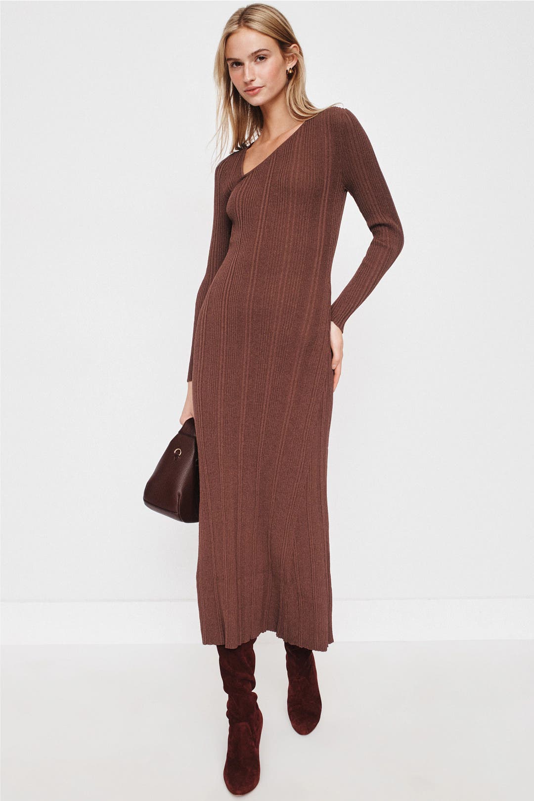 Staple The Label Amira Ribbed Knit Midi Dress Brown