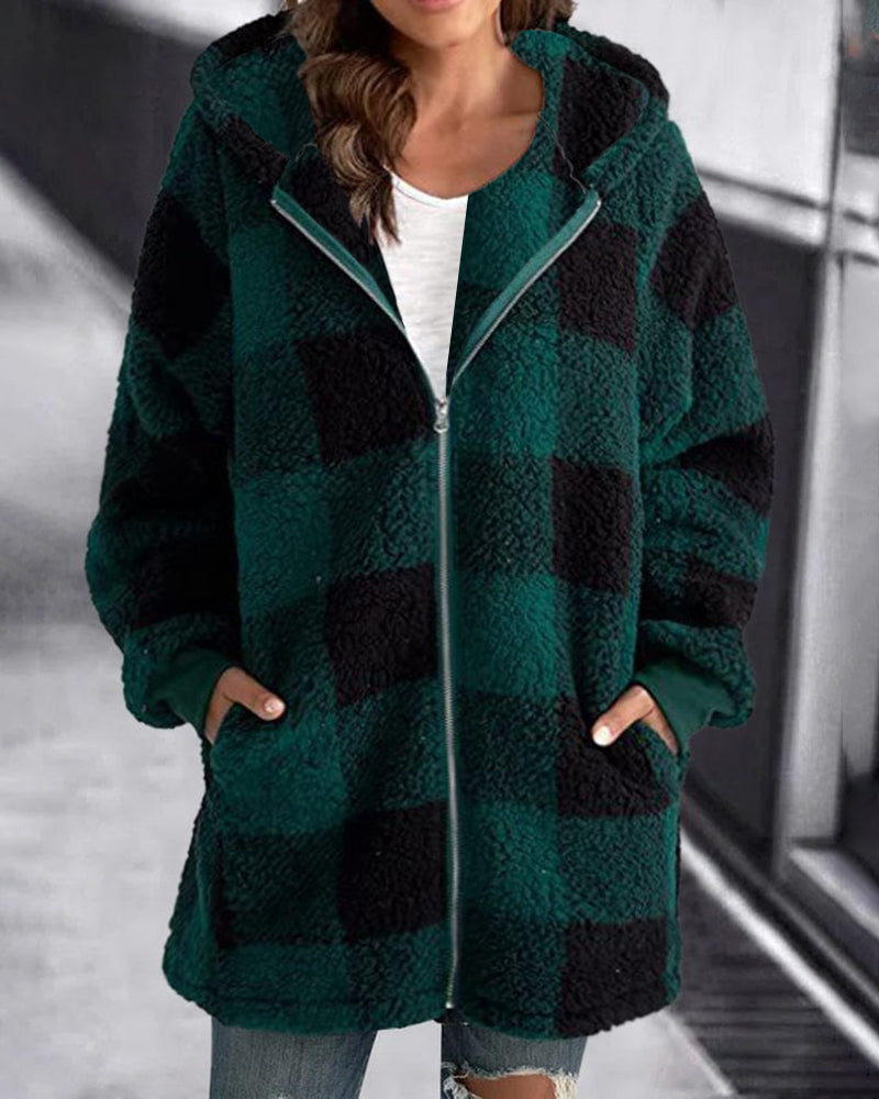 Hoodie Plaid Loose Overcoat - Dark Green L-