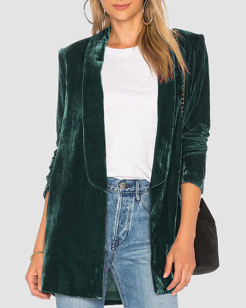 Solid Long Sleeve Blazers Suit Blazer Shawl Lapel Slim Fit Velvet Jackets - Green