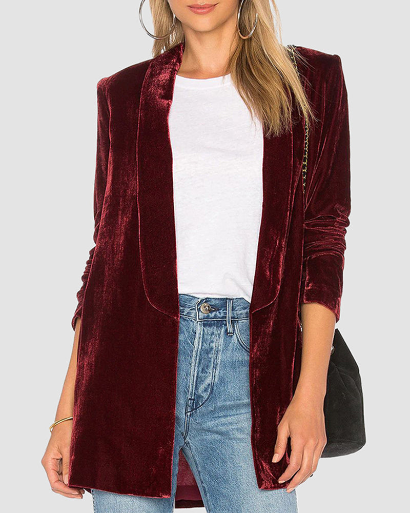Solid Long Sleeve Blazers Suit Blazer Shawl Lapel Slim Fit Velvet Jackets - Wine Red