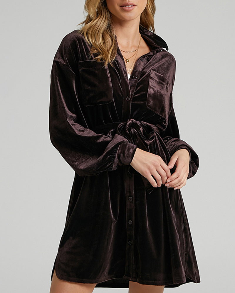 Wedding Guest Dress Long Sleeve Solid Color Pocket Canary Velvet Shirt Dress with Belt - Brown S