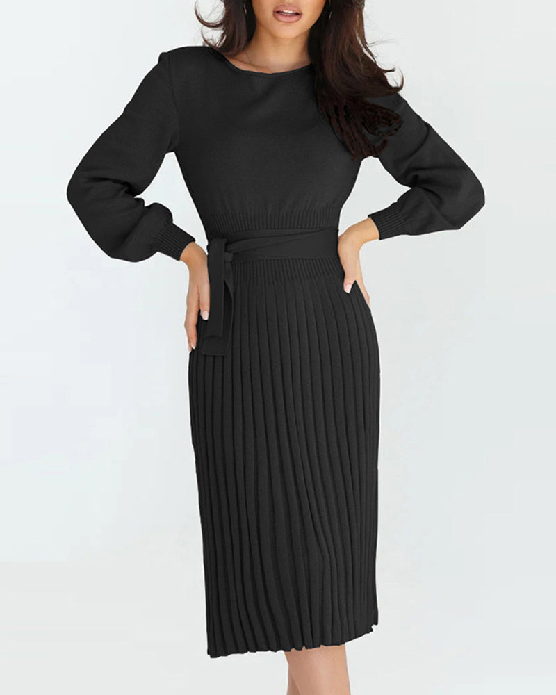 Pleated Mid Length Sweater Dress With Belt - Black M