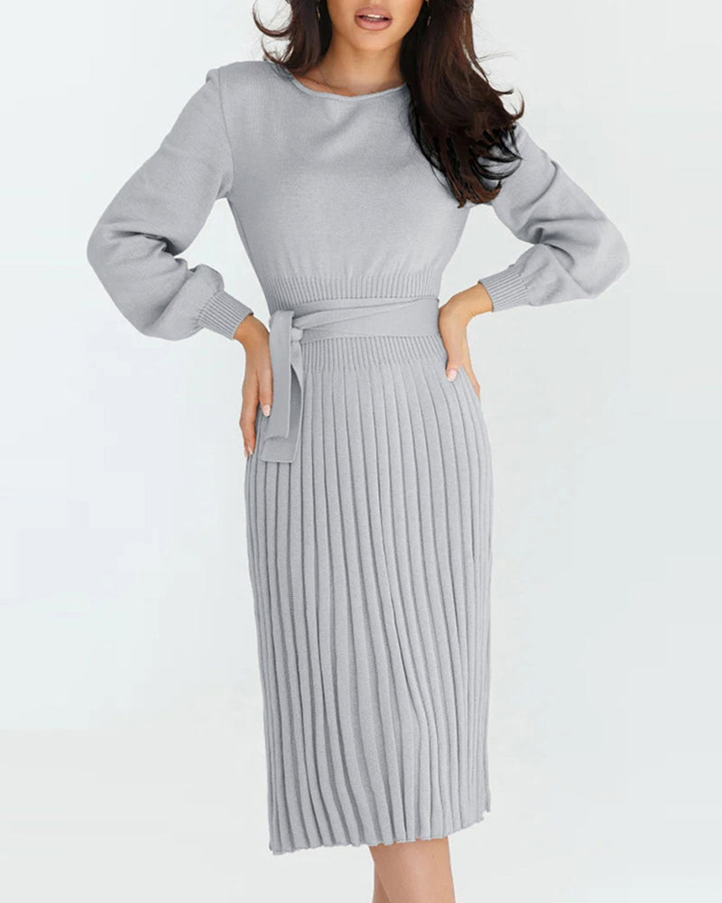 Pleated Mid Length Sweater Dress With Belt - Grey L-