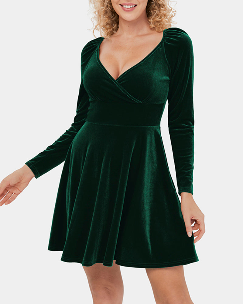 Sexy V-neck Waist Velvet Dress - Green