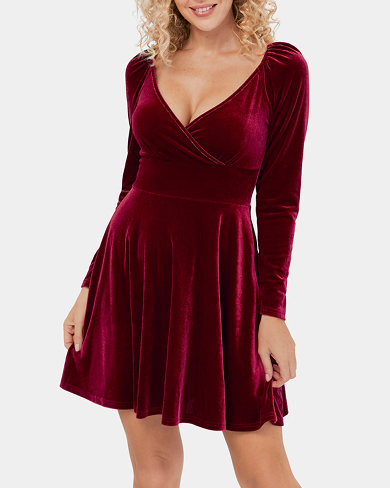 Sexy V-neck Waist Velvet Dress - Wine Red S
