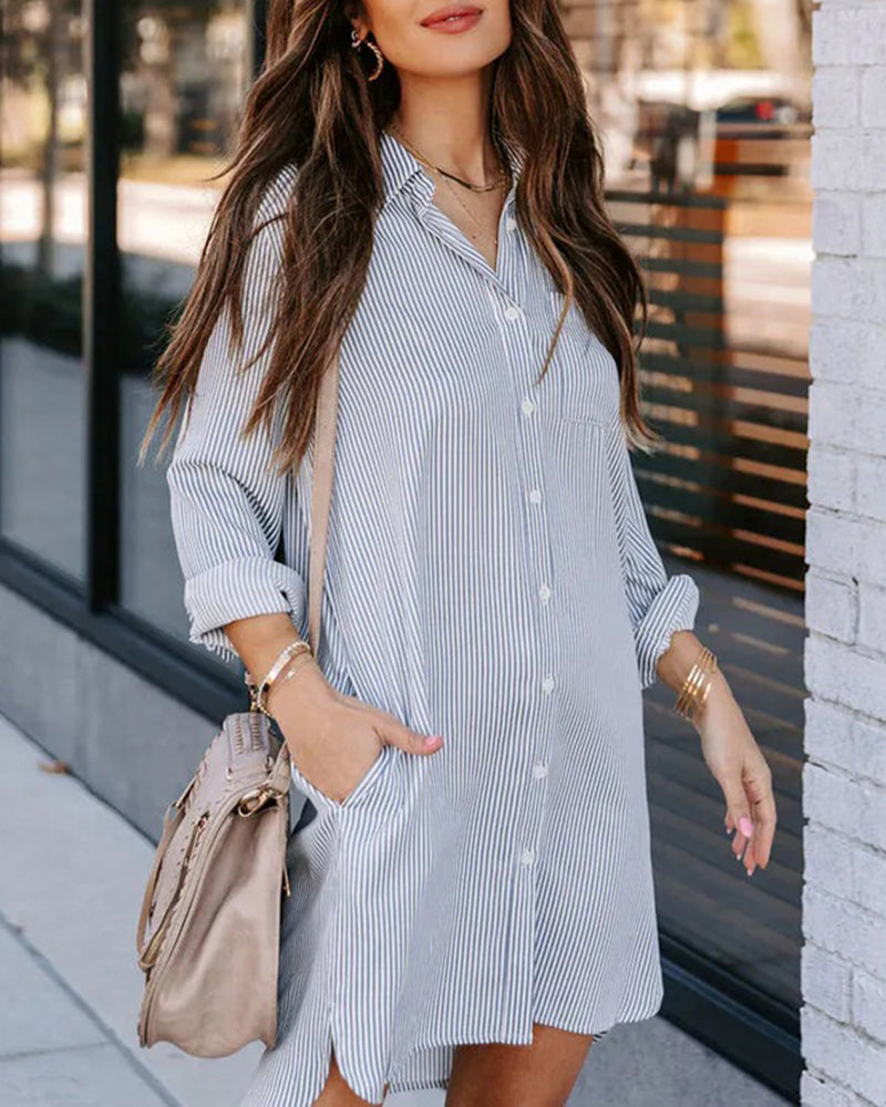 Plus Size Striped Print Button Front Long Sleeve Mini Shirt Dress - Navy blue