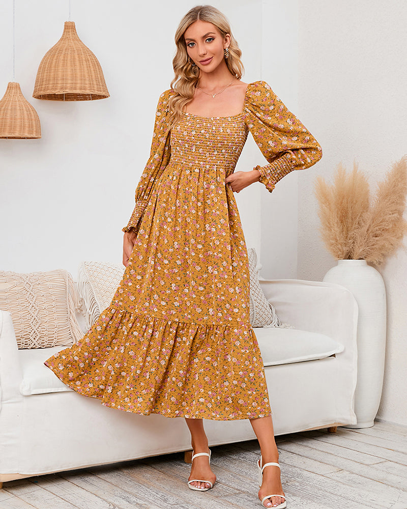 Long Sleeve V Neck Knitted Pencil Dress Jumper Long Dress - Yellow L-