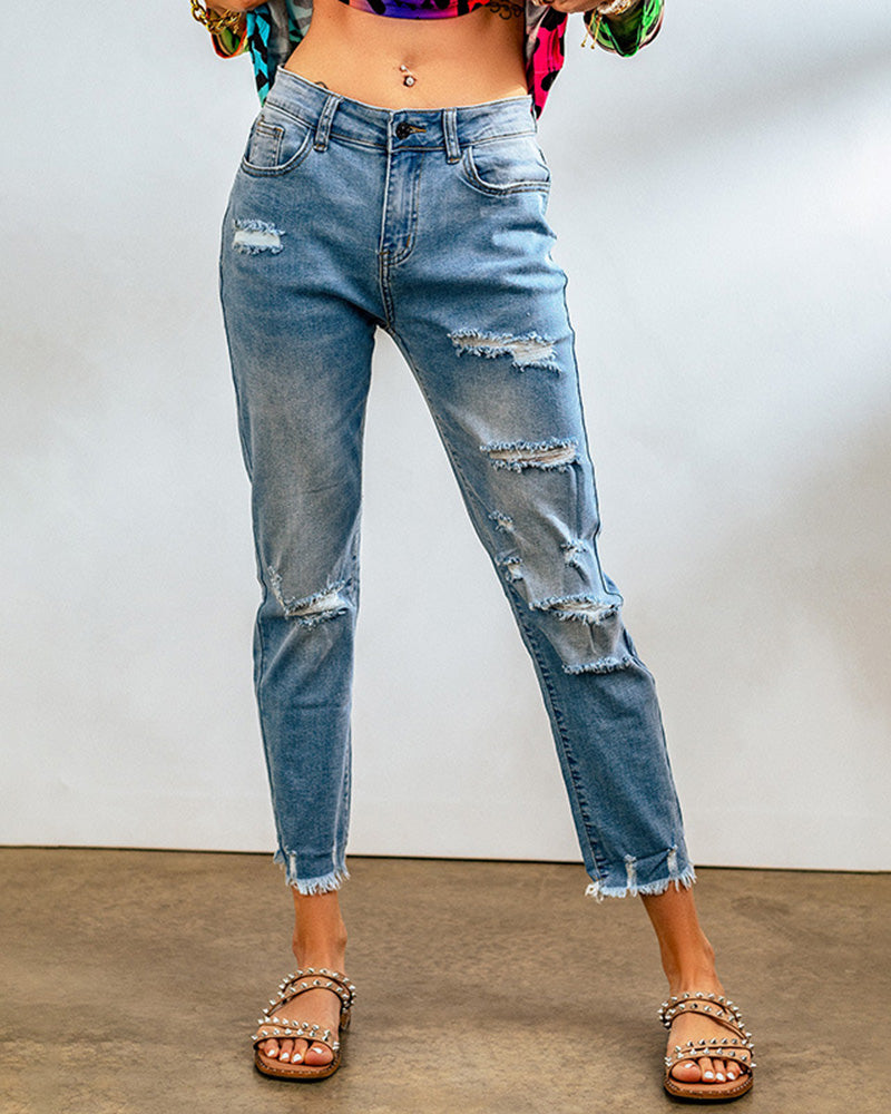 Ripped Jeans Boyfriend Ankle Distressed Denim Pants - Blue S
