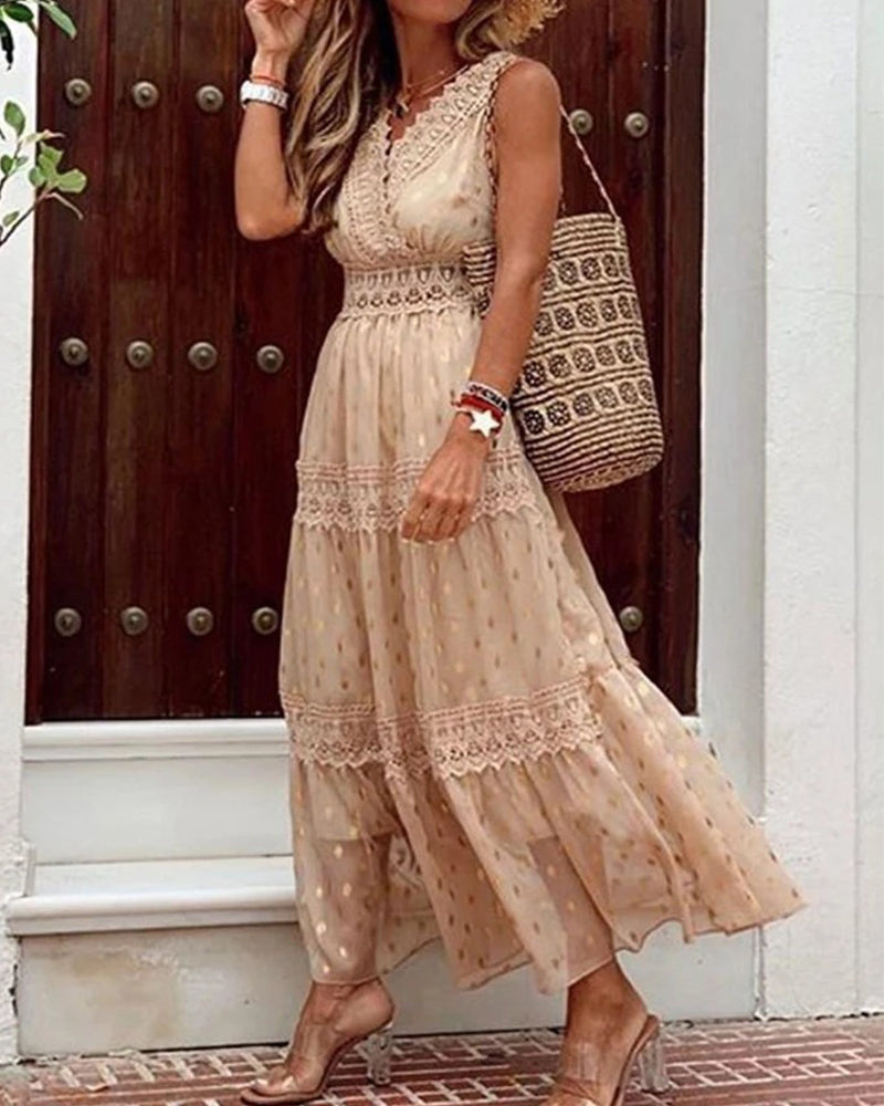 Lace Deep V Wedding Bridal Dress Banquet Evening Party Maxi Dress White Dress - Beige S