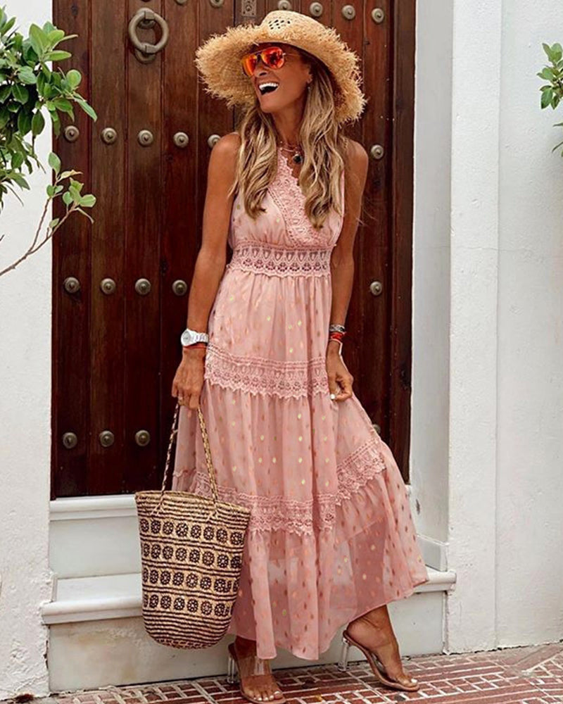 Lace Deep V Wedding Bridal Dress Banquet Evening Party Maxi Dress White Dress - Pink S