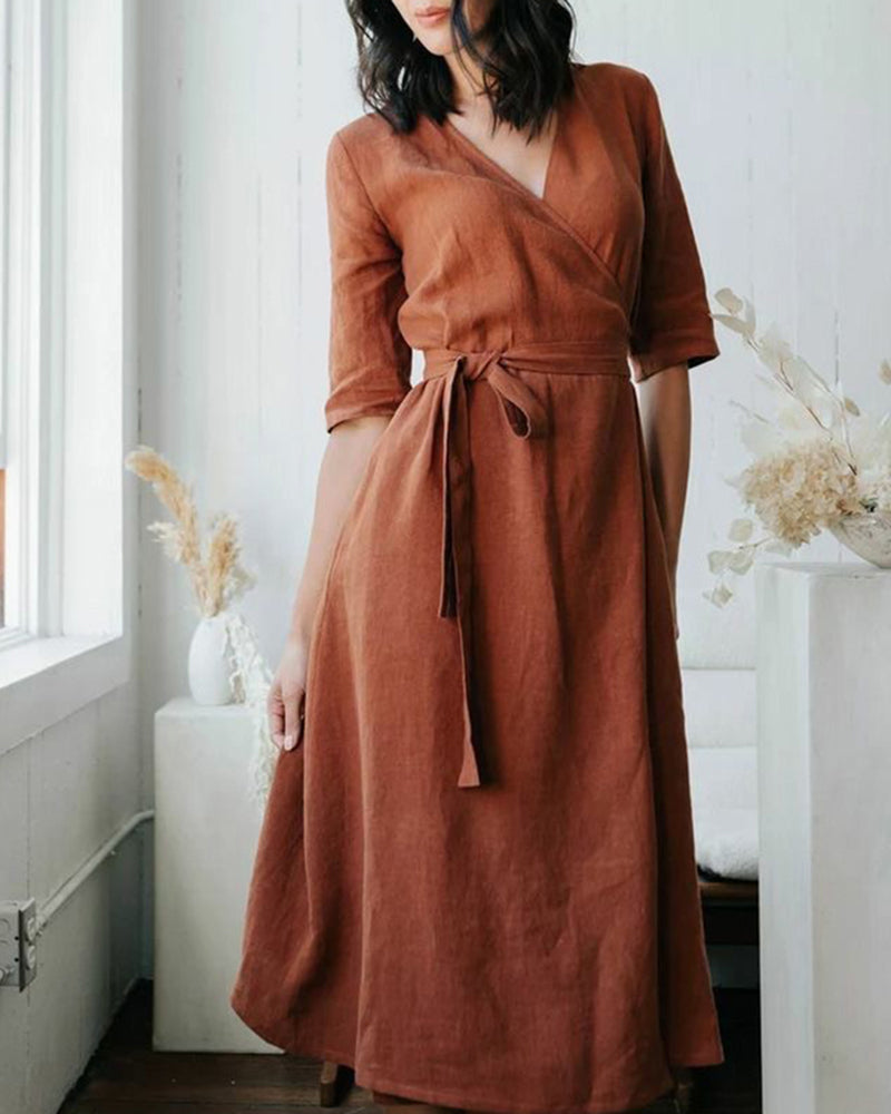 Zeagoo Women's Copper Wrap Dress with Pockets - Caramel M