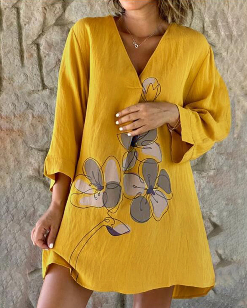 V-Neck Baggy Midi Dress Tshirt Top Long -Sleeve A Line Swing Dress - Yellow