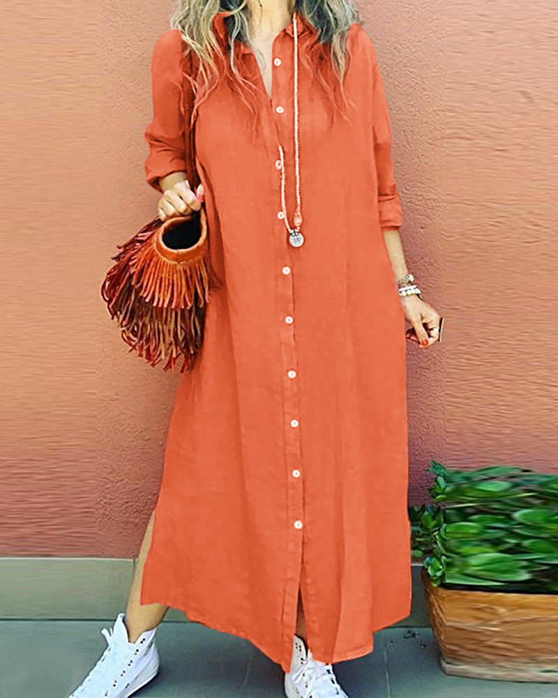 Long Sleeve V Neck Slim Fit Fashion Button Up Dress Sexy Linen Blend Long Dress Shirt Dress - Orange L-