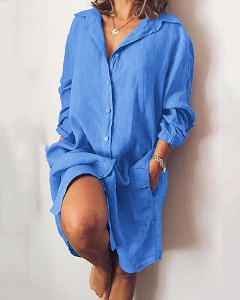 Zeagoo Women's Cotton and Linen Shirt Dress Casual Loose Pocket Midi Dresses - Blue