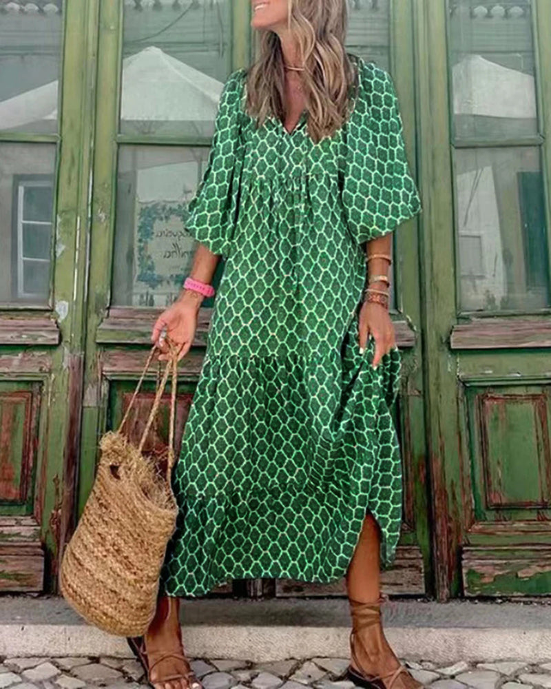 Zeagoo Women's Breathable Lantern Sleeve Floral Print Long Dress Loose V-Neck Fashion Summer Beach Dress - PAT